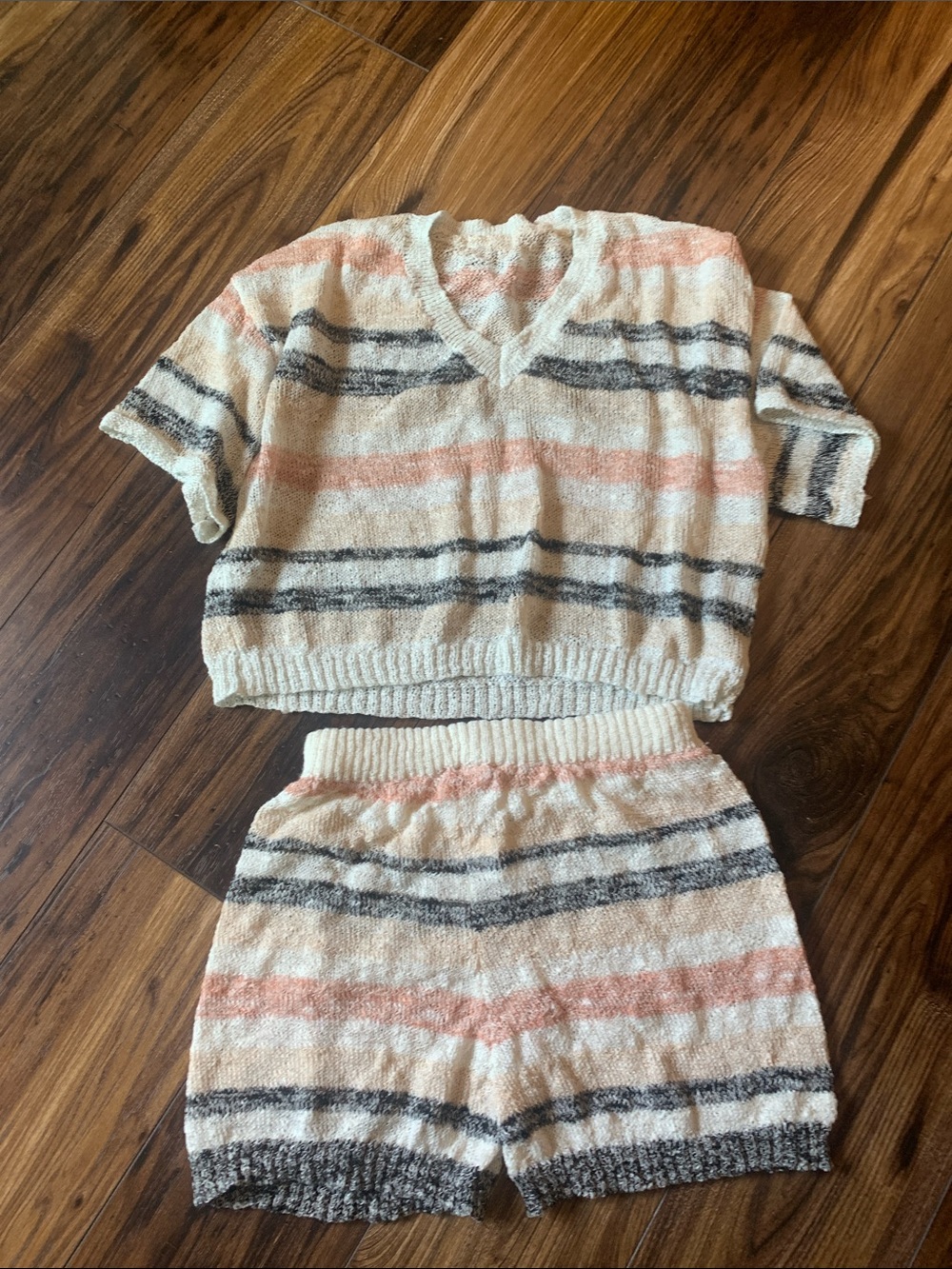 SHEIN Cream, Pink & Gray Striped Cozy Crop Top Set